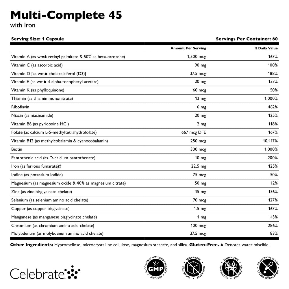 Celebrate Bariatric Supplements Multi-Complete gluten-free and sugar-free formula badge.