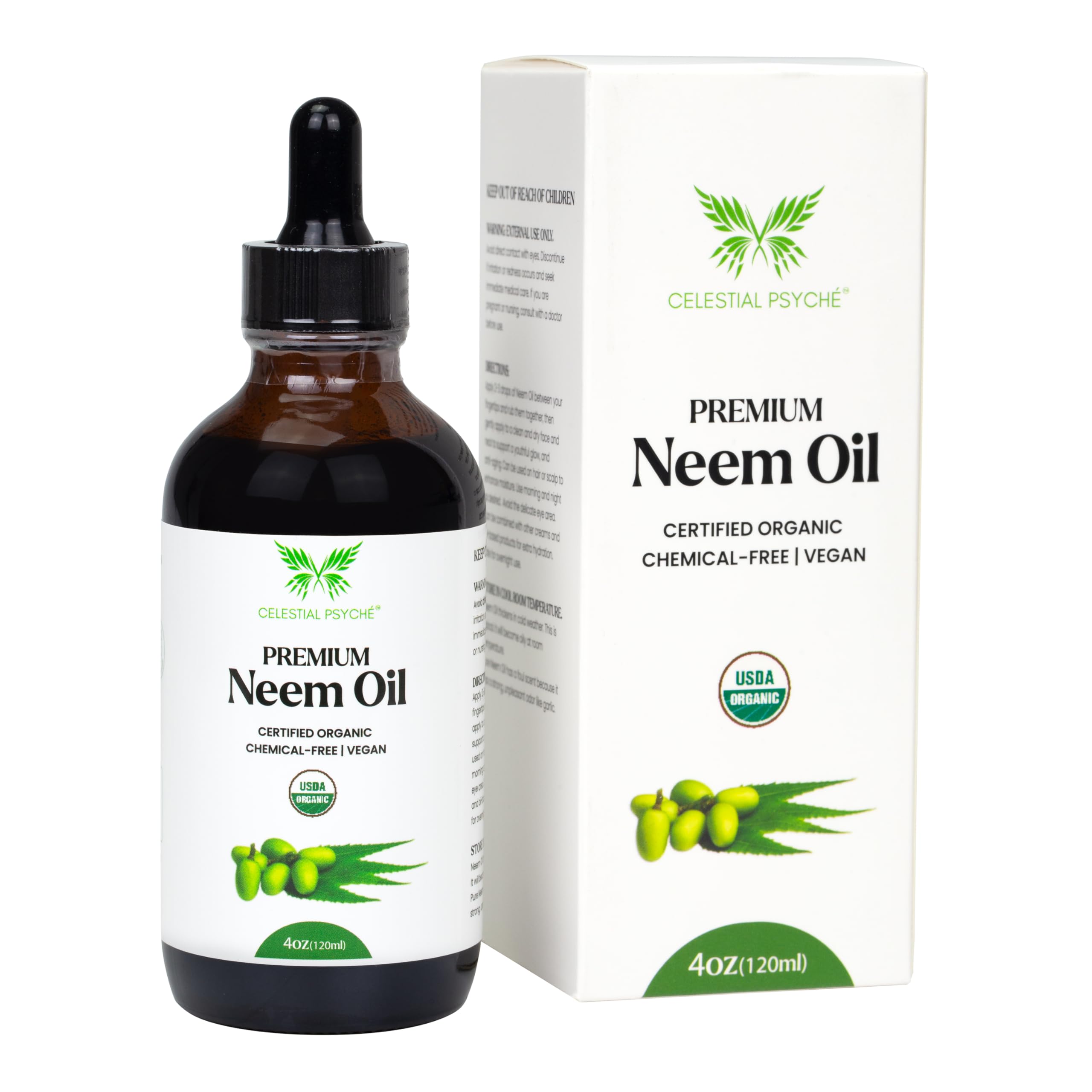 Celestial Psyché Neem Oil bottle with dropper for easy, precise application.