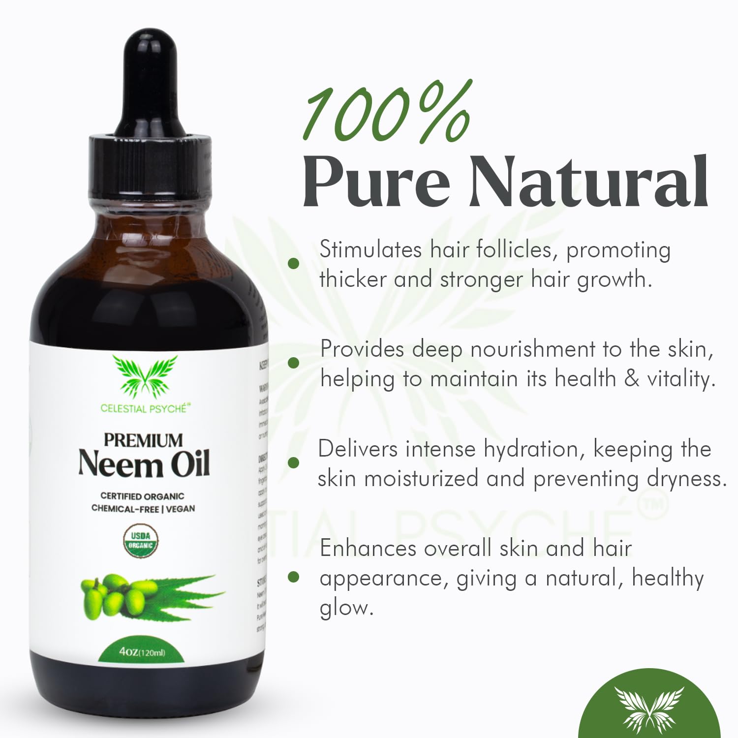 Close-up of neem oil in glass bottle highlighting skin hydration.