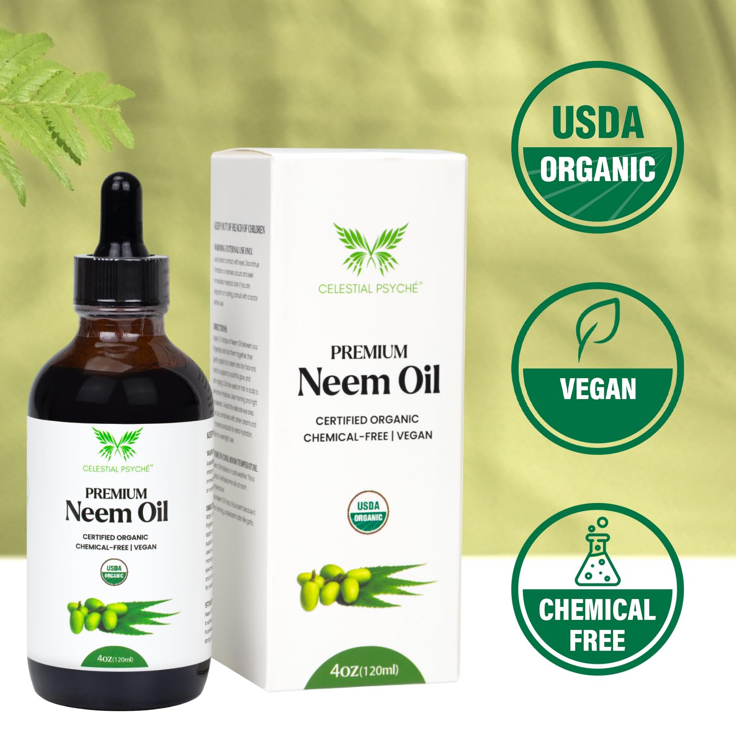 Natural Neem Oil packaging emphasizes vegan and additive-free formula.