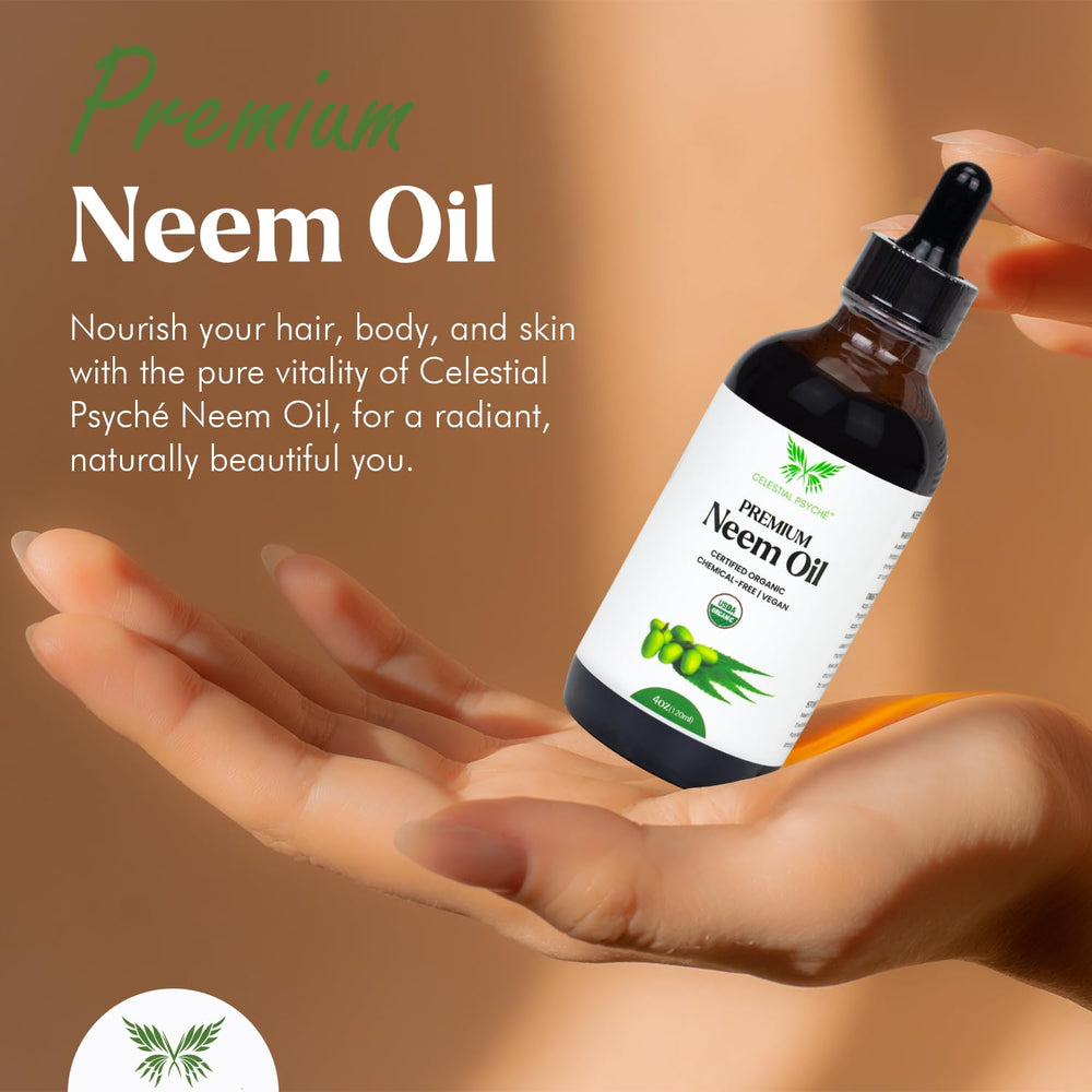 Neem oil bottle on vanity representing daily self-care ritual.
