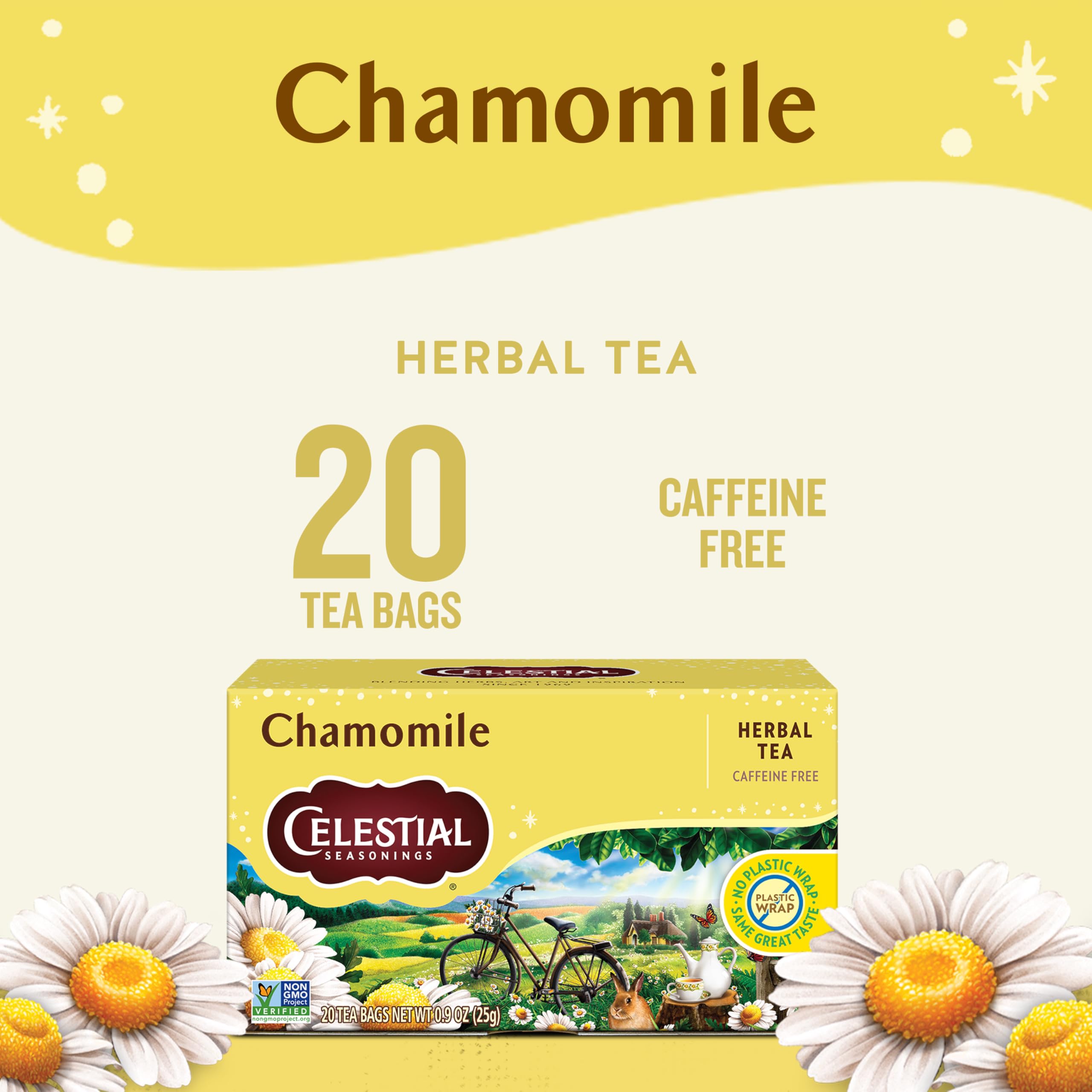 Celestial Seasonings Chamomile Tea golden infusion with soft aroma.
