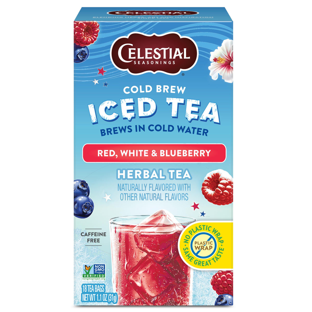 Celestial Seasonings cold brew tea bag dissolving in cold water for quick iced tea