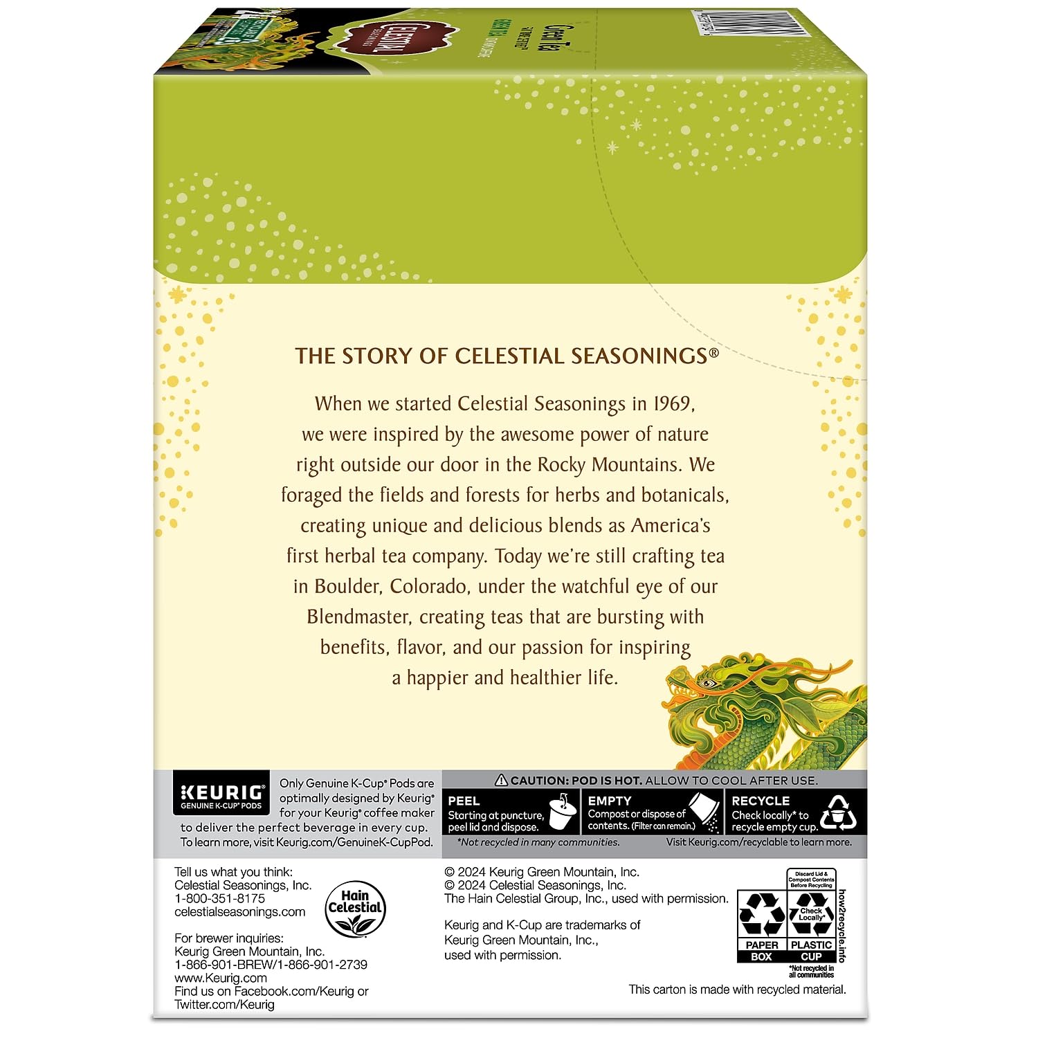 Celestial Seasonings green and white tea blend in a cup with aroma.