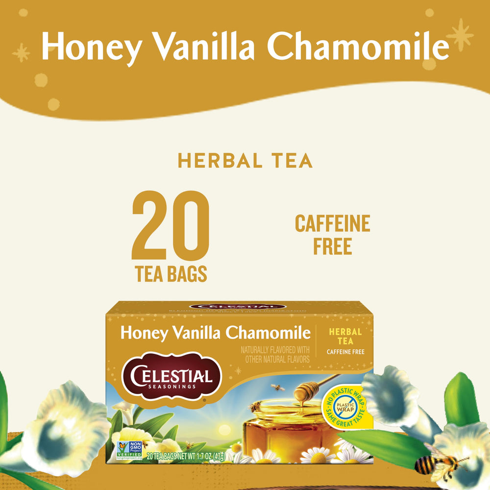 Celestial Seasonings Honey Vanilla Chamomile tea box highlights 20 bags per box.