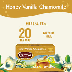 Celestial Seasonings Honey Vanilla Chamomile tea box highlights 20 bags per box.