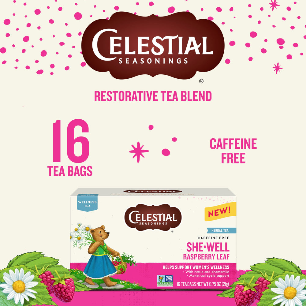 Celestial Seasonings SheWell Raspberry Leaf Tea bag in hot water delivers soothing flavor.
