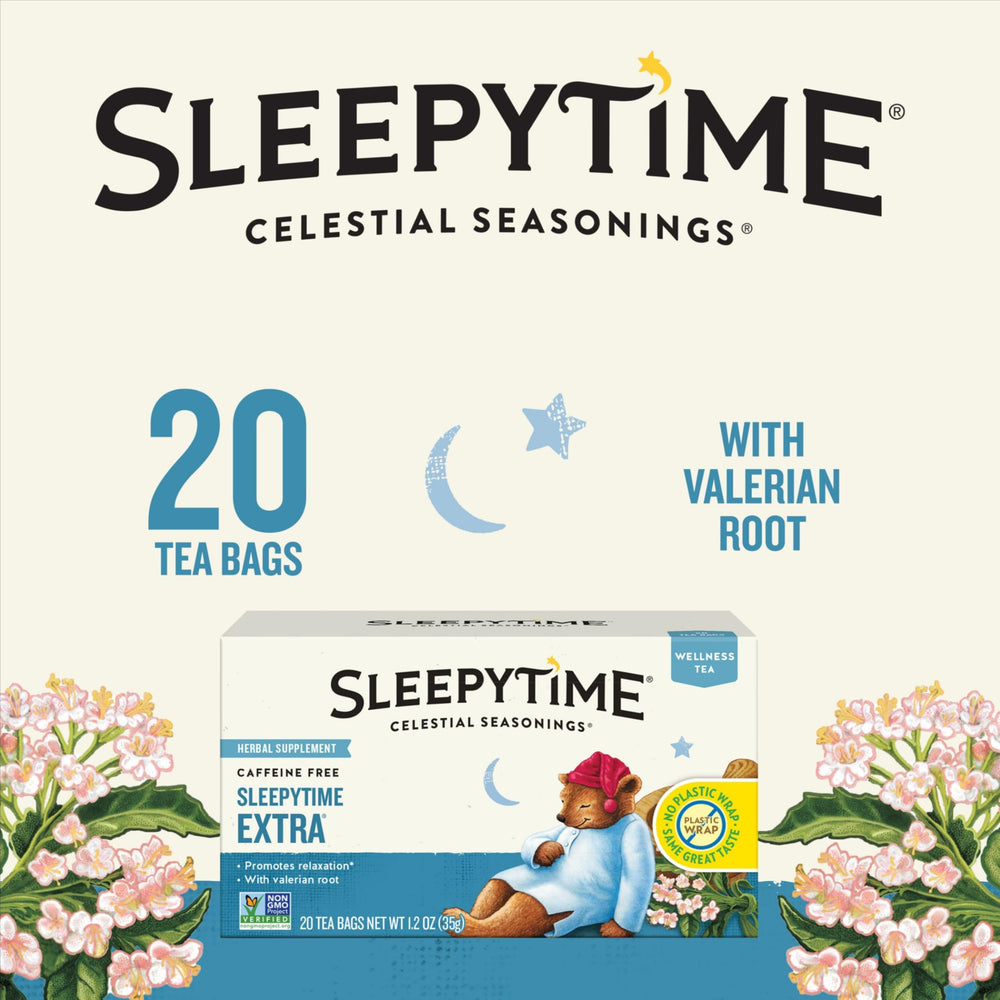Cup of Sleepytime Extra tea steeping signals caffeine-free relaxation.