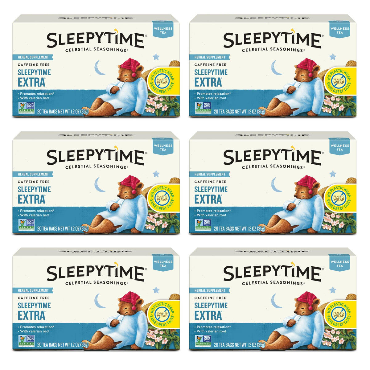 Celestial Seasonings Sleepytime Extra tea packaging invites nightly rituals.