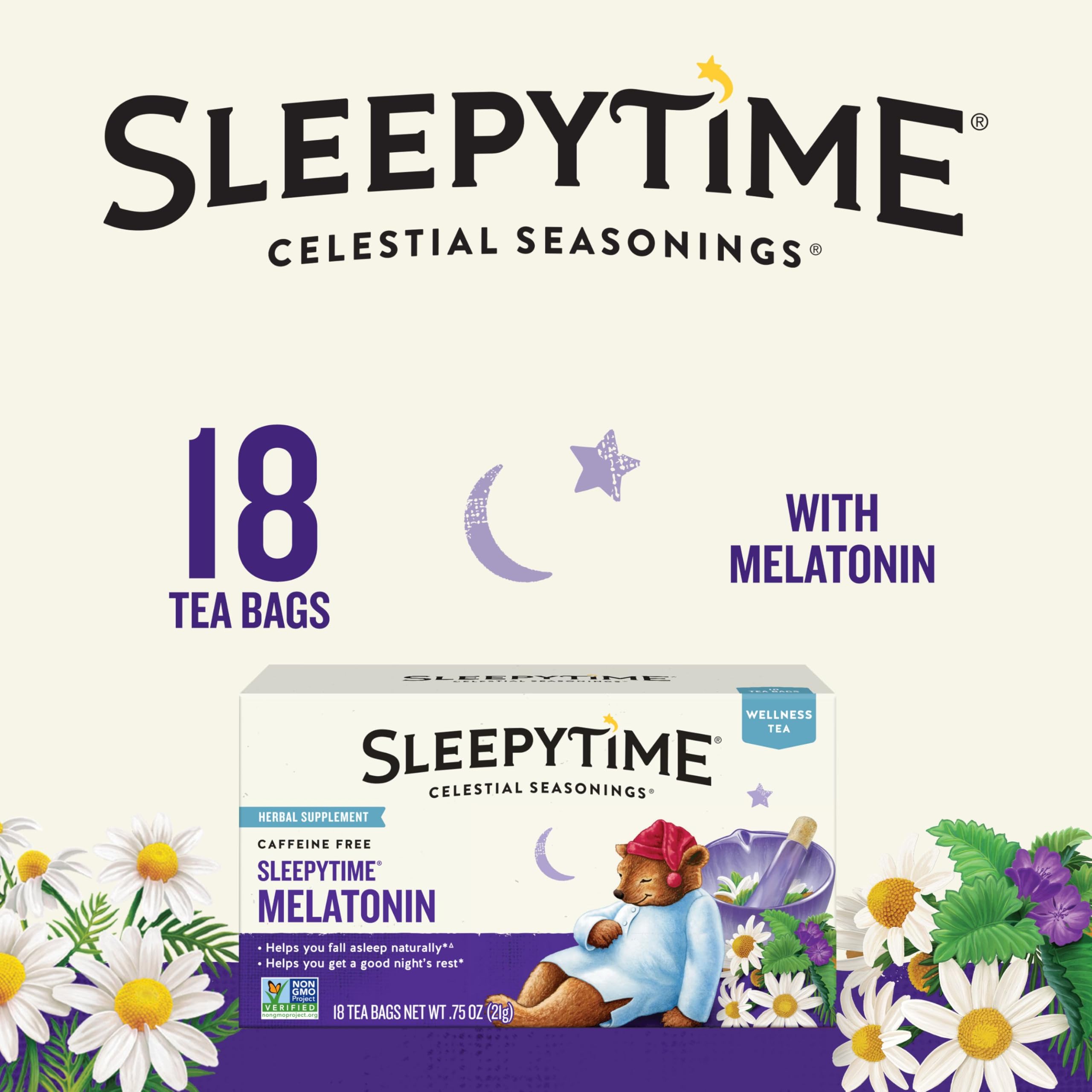Celestial Seasonings Sleepytime Melatonin tea bag close-up showing herbal blend