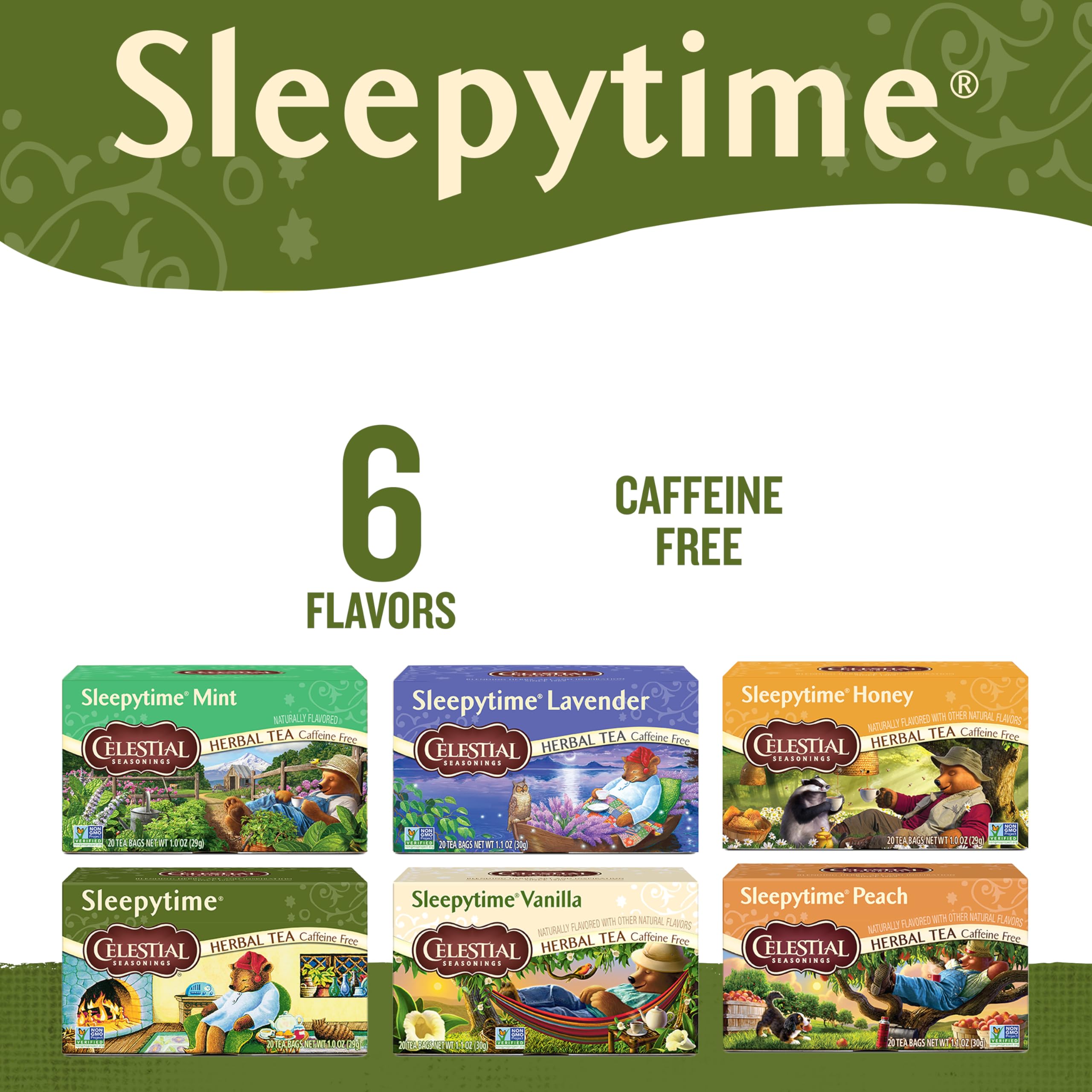 Packaging boxes showcase eco-friendly packaging for Sleepytime variety pack.
