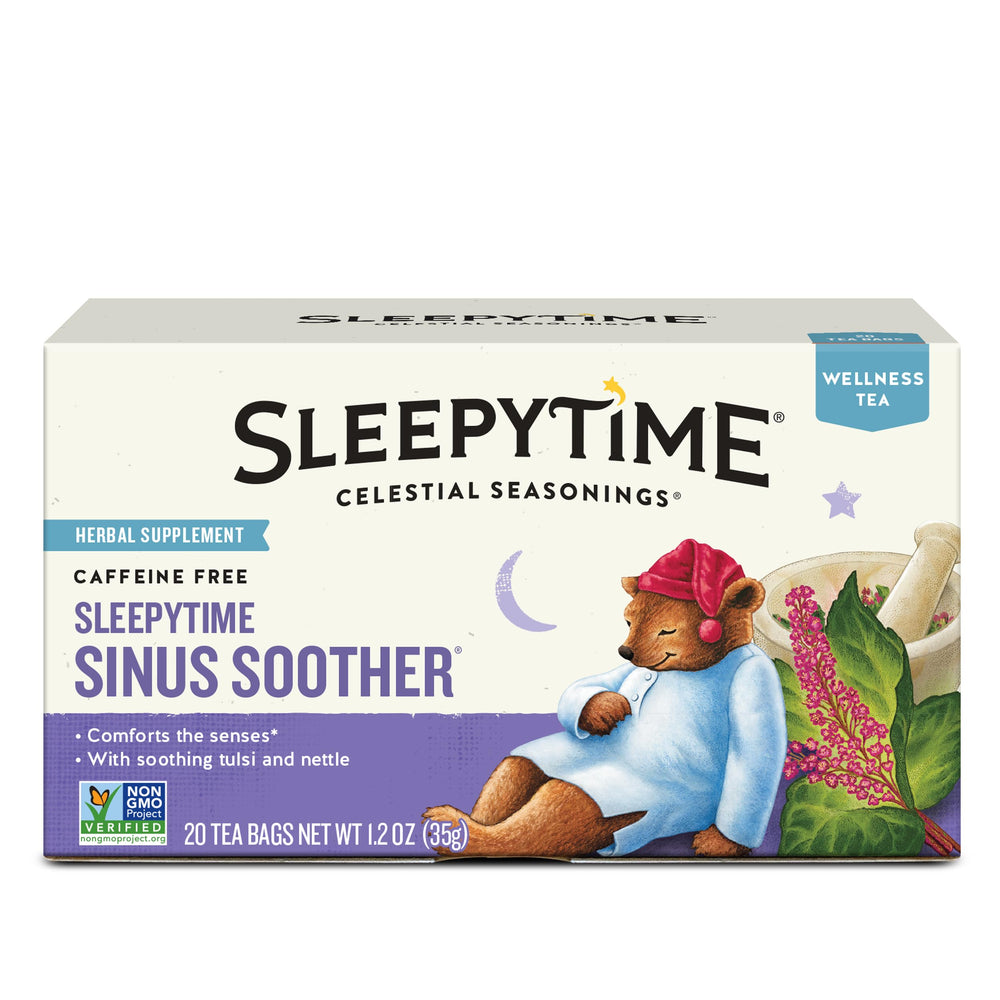 Celestial Seasonings Sleepytime Sinus Soother tea box invites a cozy evening ritual.