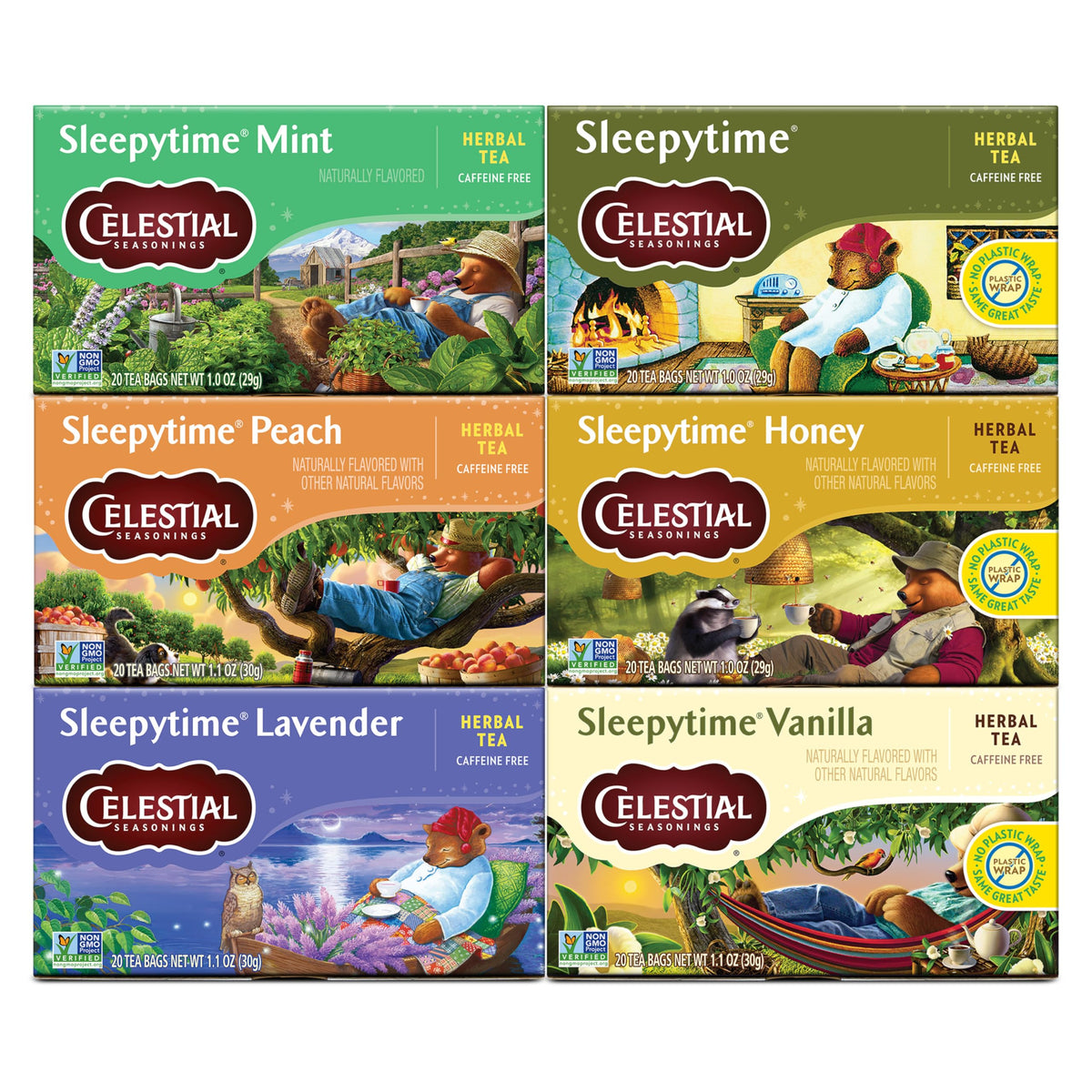 Celestial Seasonings Sleepytime tea bags on the counter for calming evening routine.