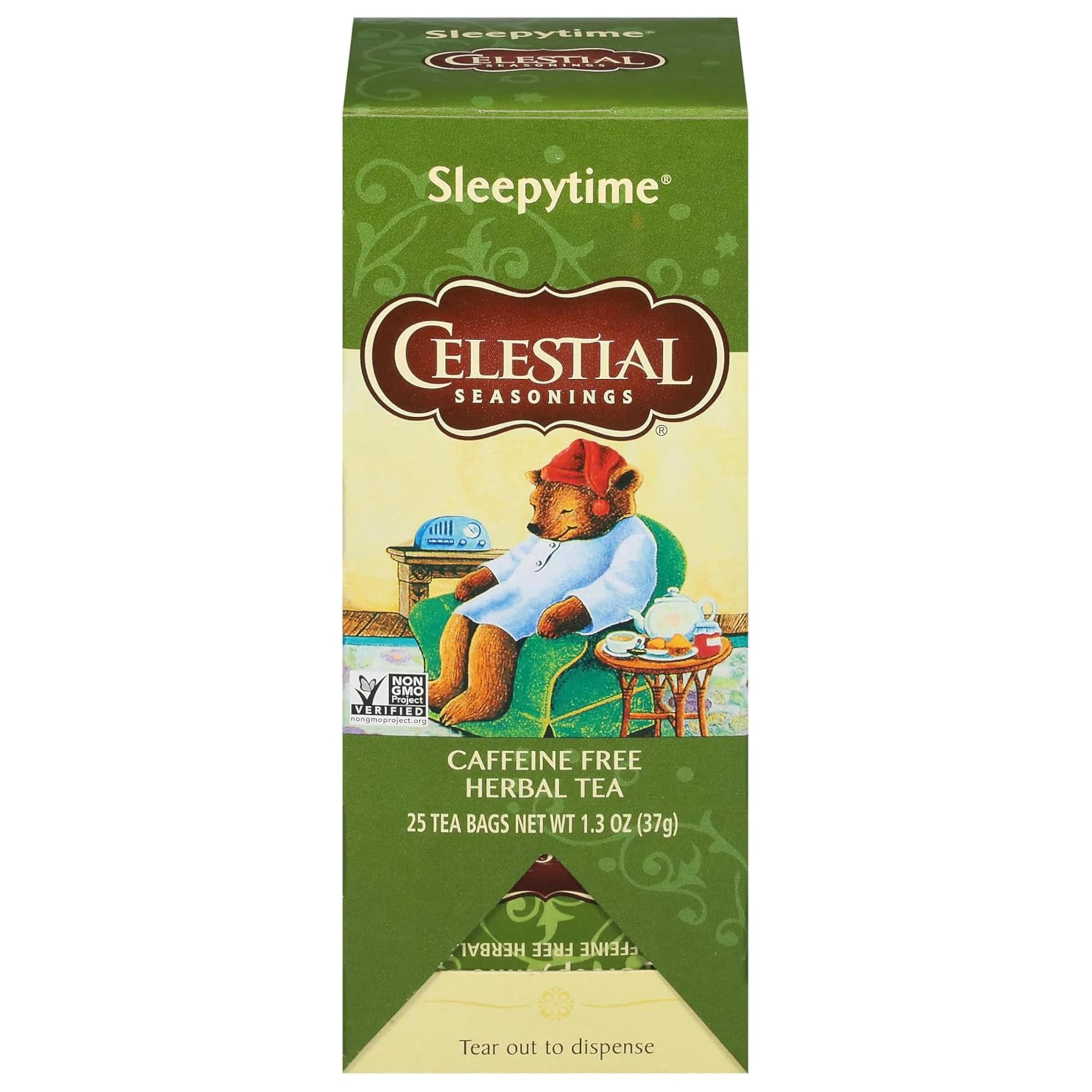 Celestial Seasonings Sleepytime tea box on table for a calming evening ritual.