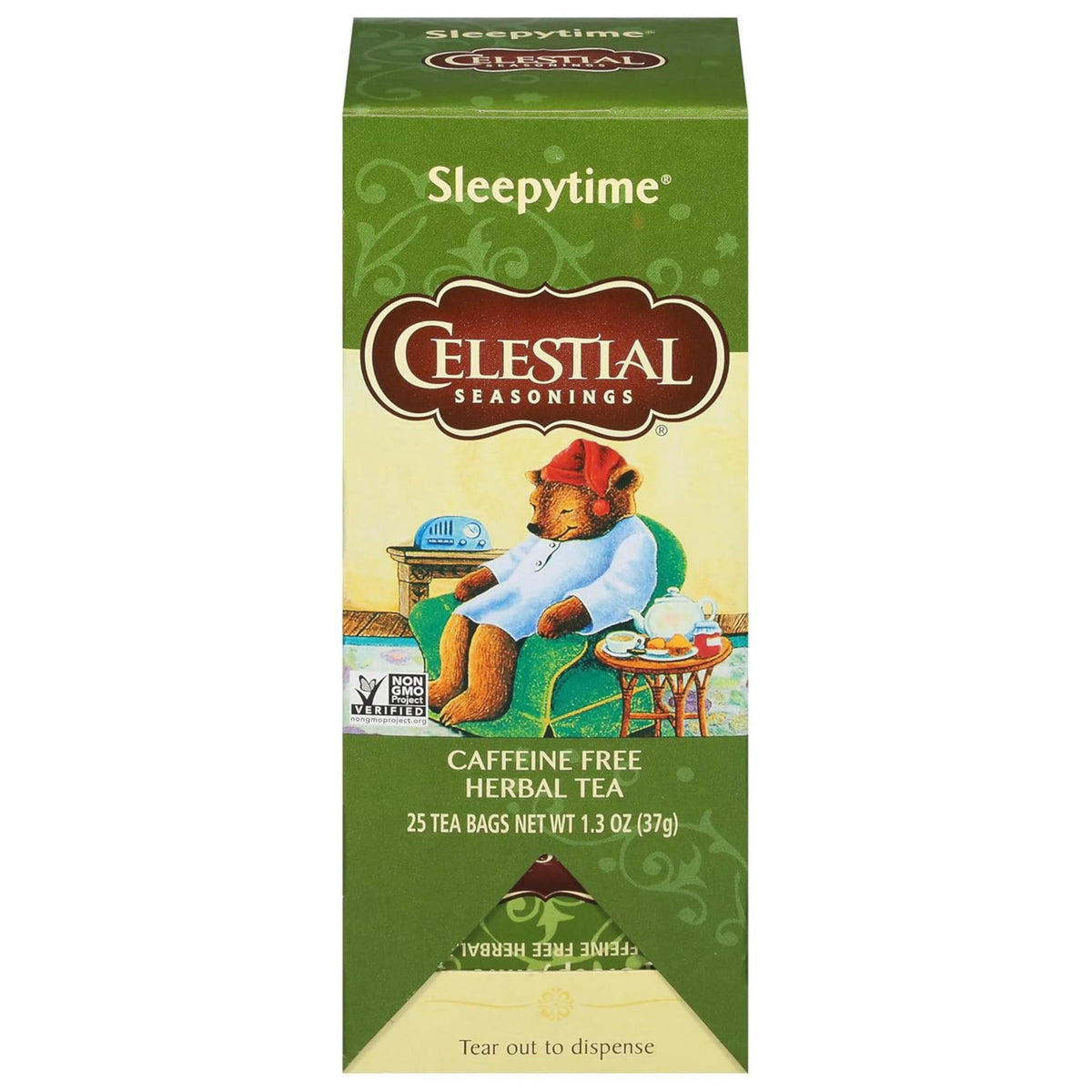 Celestial Seasonings Sleepytime tea box on table for a calming evening ritual.