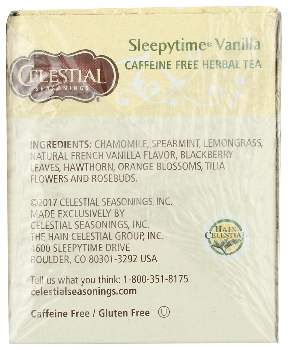 Celestial Seasonings Sleepytime Vanilla on kitchen counter near teacups