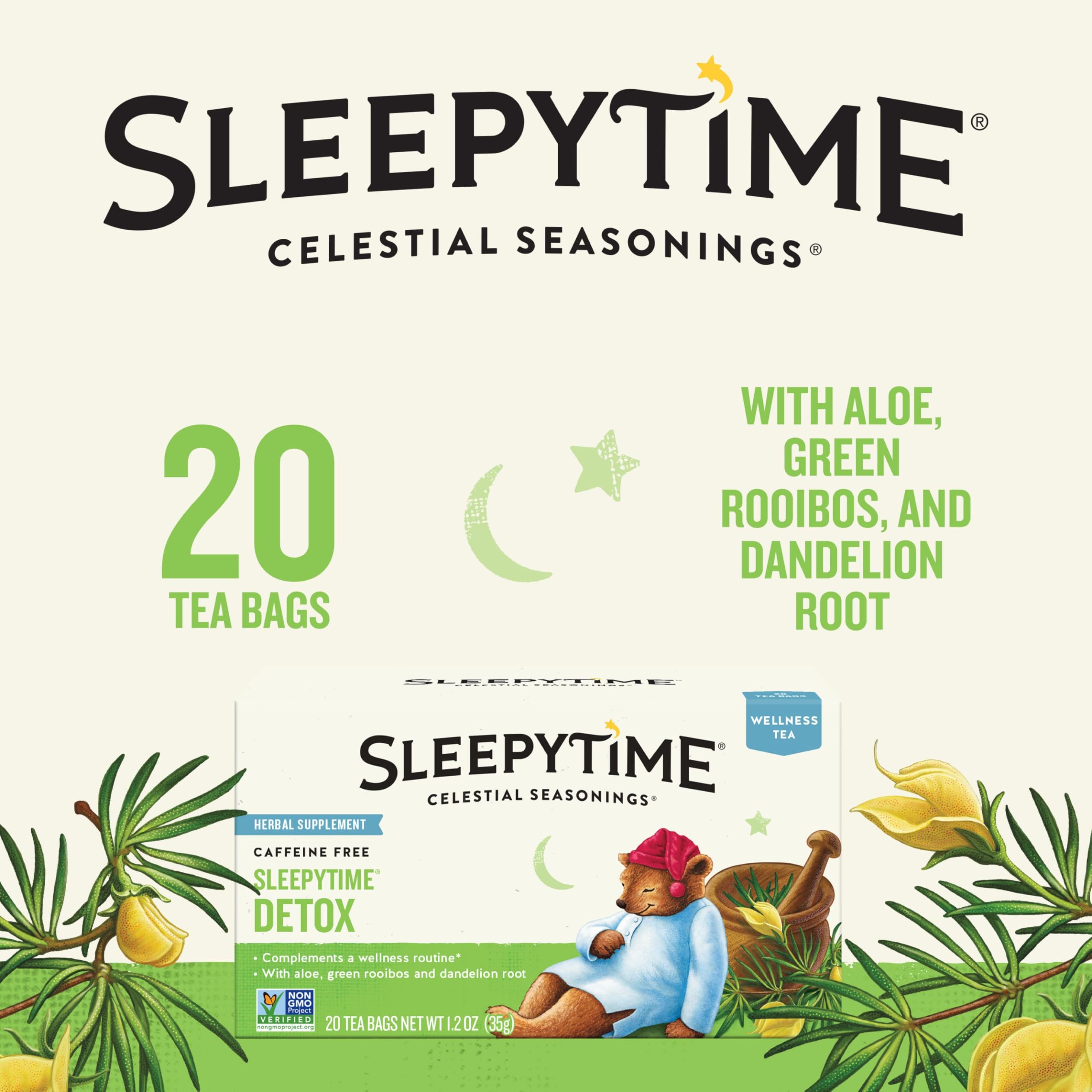 Celestial Seasonings Sleepytime Wellness Detox Tea ingredients closeup highlight soothing botanicals