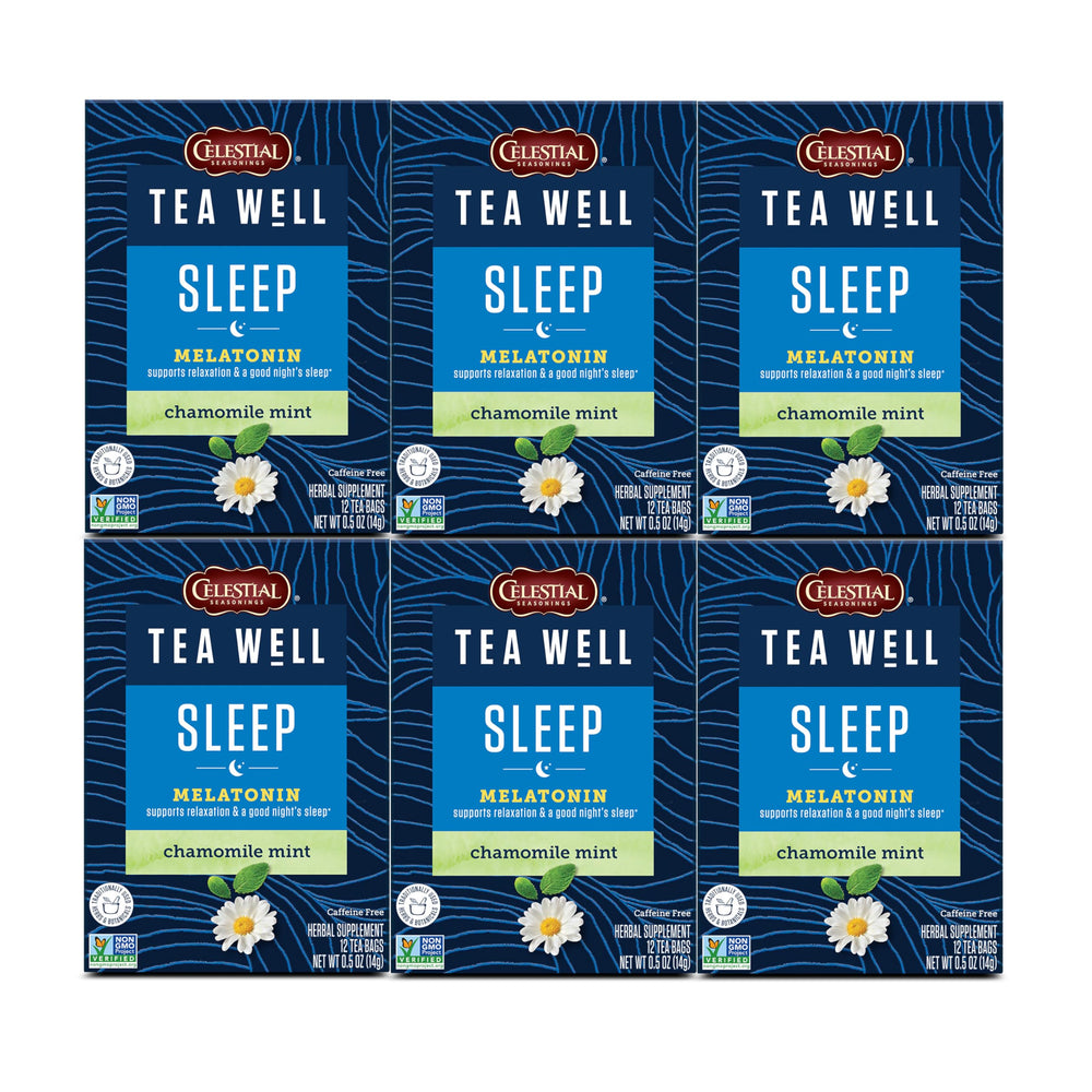 Celestial Seasonings TeaWell Sleep box shows melatonin blend for bedtime routine.