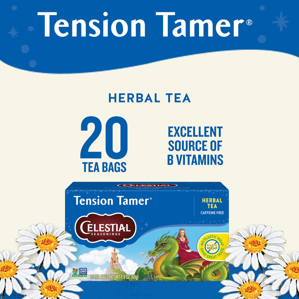 Celestial Seasonings Tension Tamer herbal blend highlighting peppermint, ginger, and lemongrass for balance.