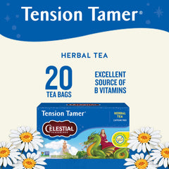 Celestial Seasonings Tension Tamer herbal blend highlighting peppermint, ginger, and lemongrass for balance.