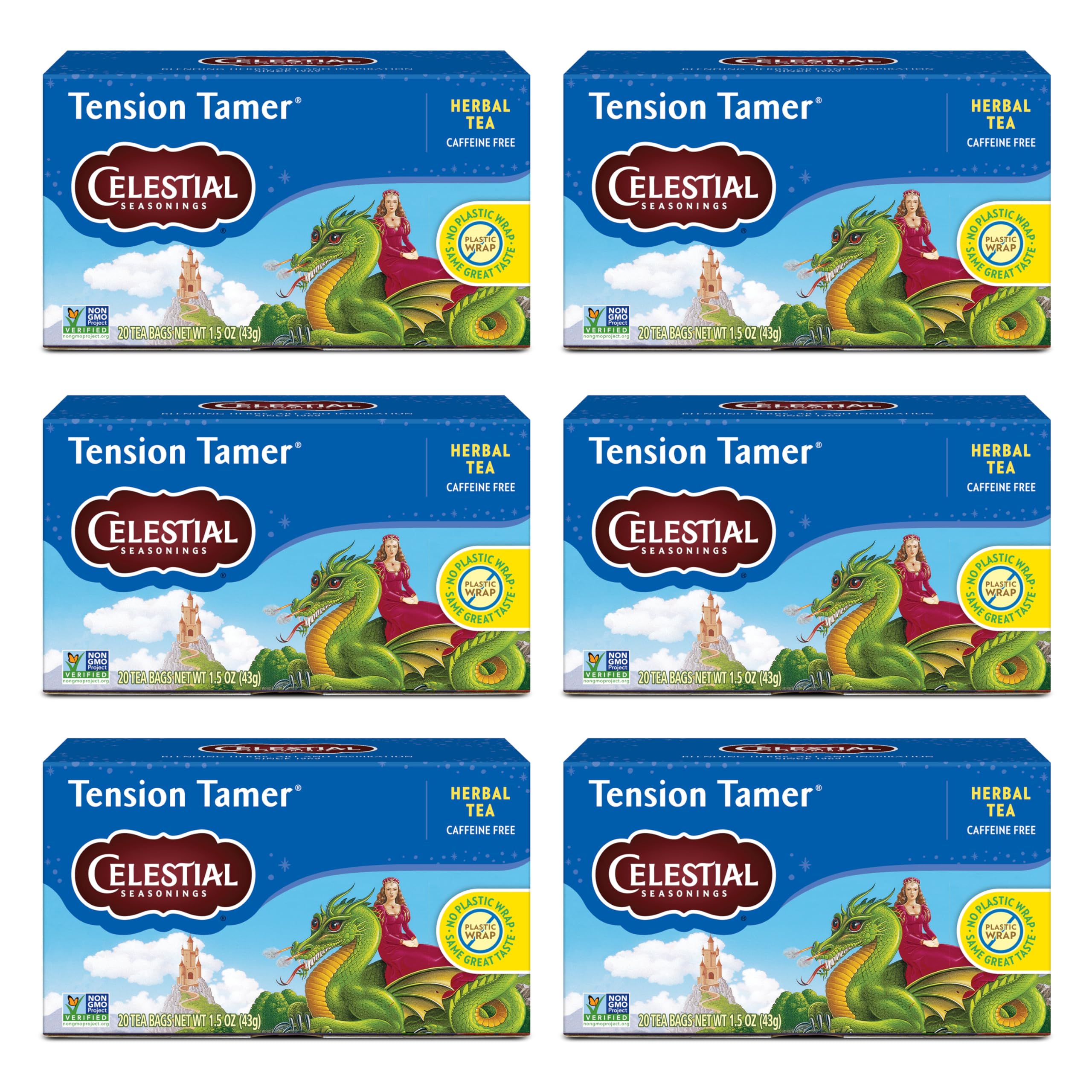 Celestial Seasonings Tension Tamer tea boxes showing six-pack bundle for daily calm rituals.