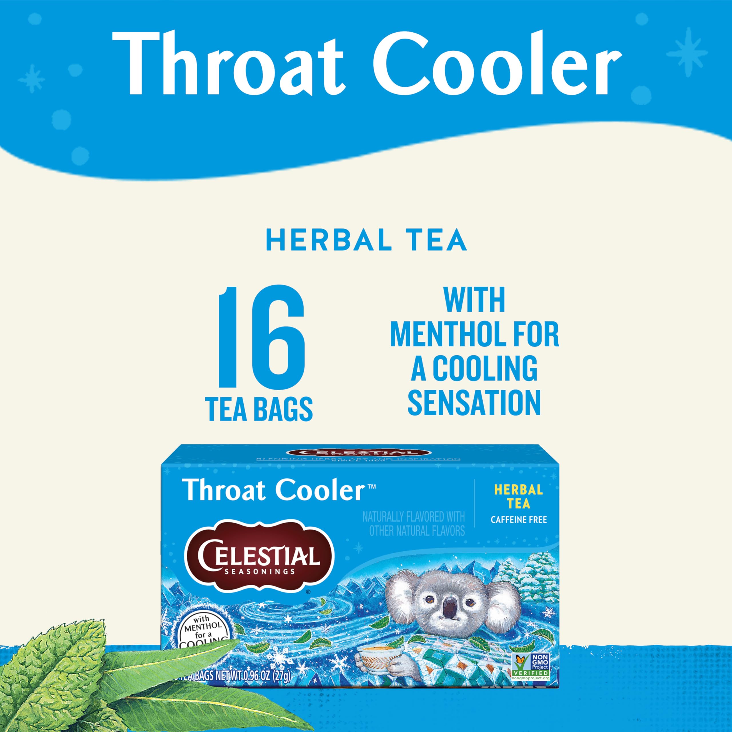 Celestial Seasonings Throat Cooler ingredients include menthol and peppermint for a cool experience.