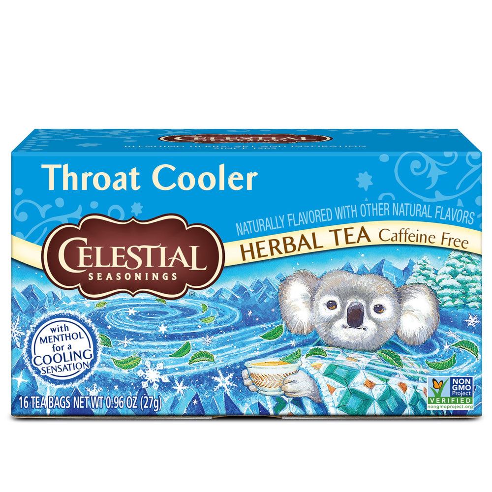 Celestial Seasonings Throat Cooler packaging shown with recycled materials and eco-friendly design.
