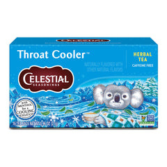 Celestial Seasonings Throat Cooler tea bags ready for steeping, convenient herbal option.