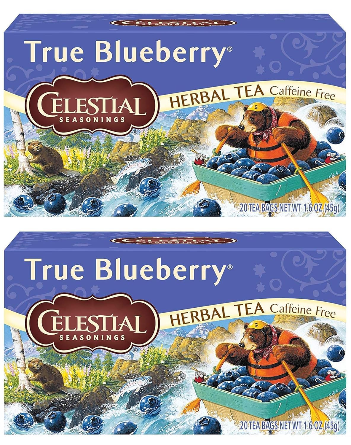 Celestial Seasonings True Blueberry box front with blueberry imagery, inviting aroma.