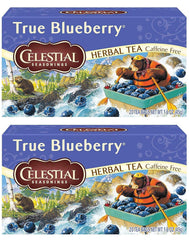Celestial Seasonings True Blueberry box front with blueberry imagery, inviting aroma.