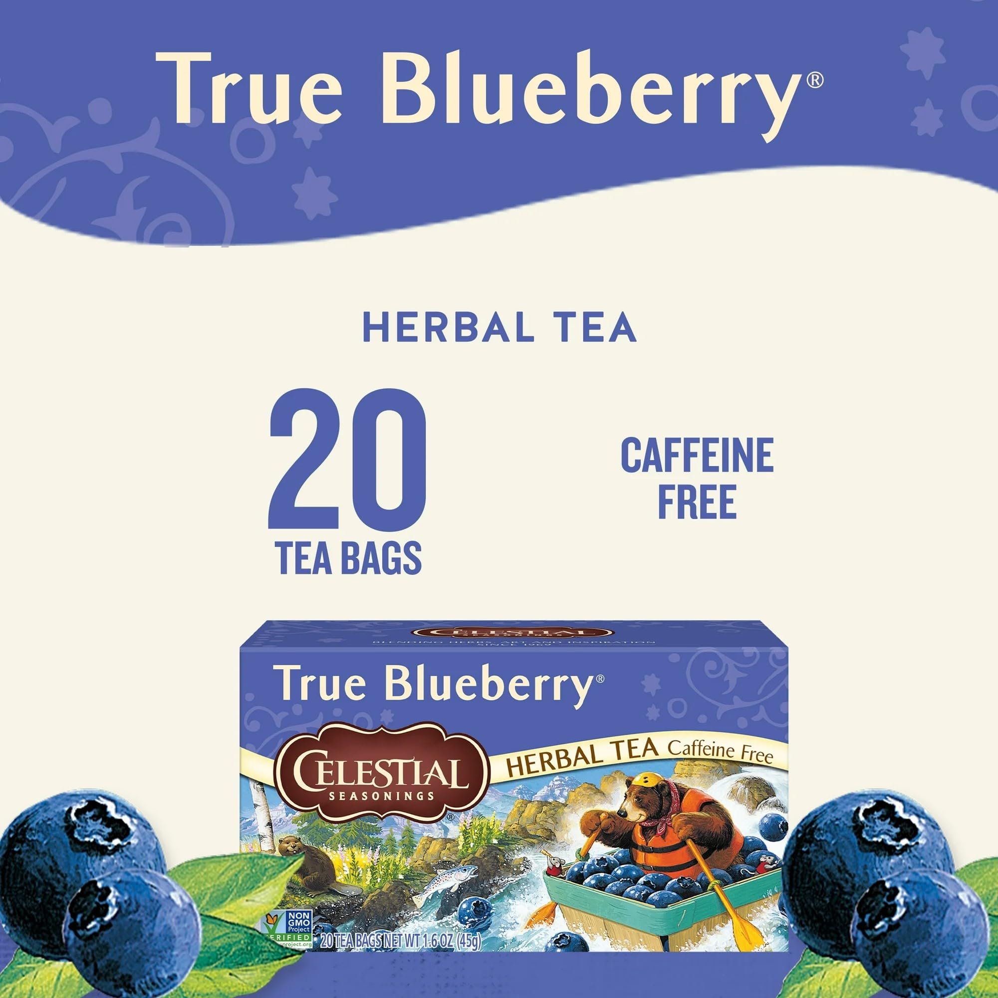 Celestial Seasonings True Blueberry being poured over ice.
