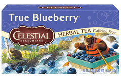 Celestial Seasonings True Blueberry steeping cup releasing fragrant herbal notes.