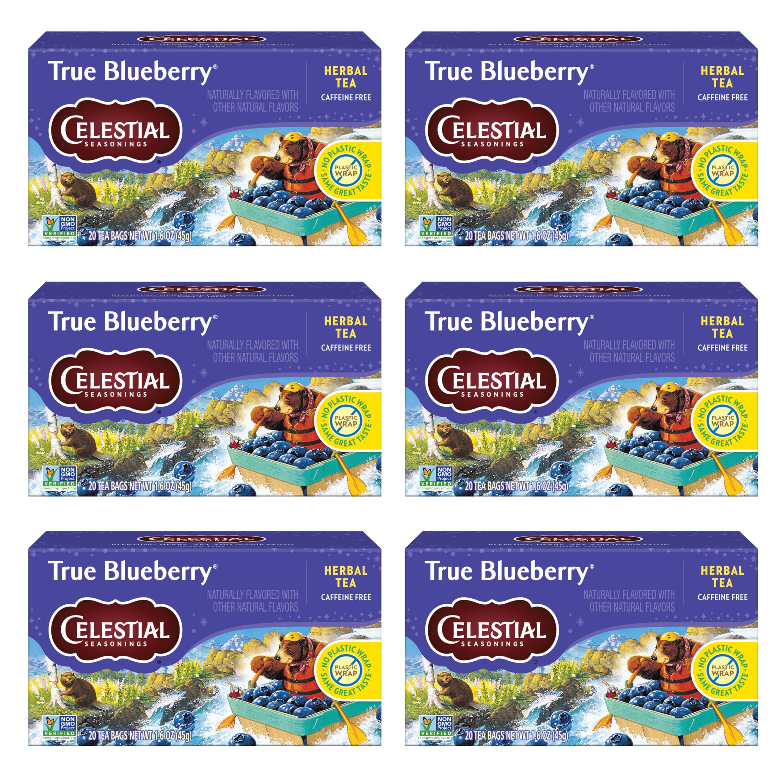 Celestial Seasonings True Blueberry tea bag closeup, highlighting natural blueberry flavor for a soothing moment.