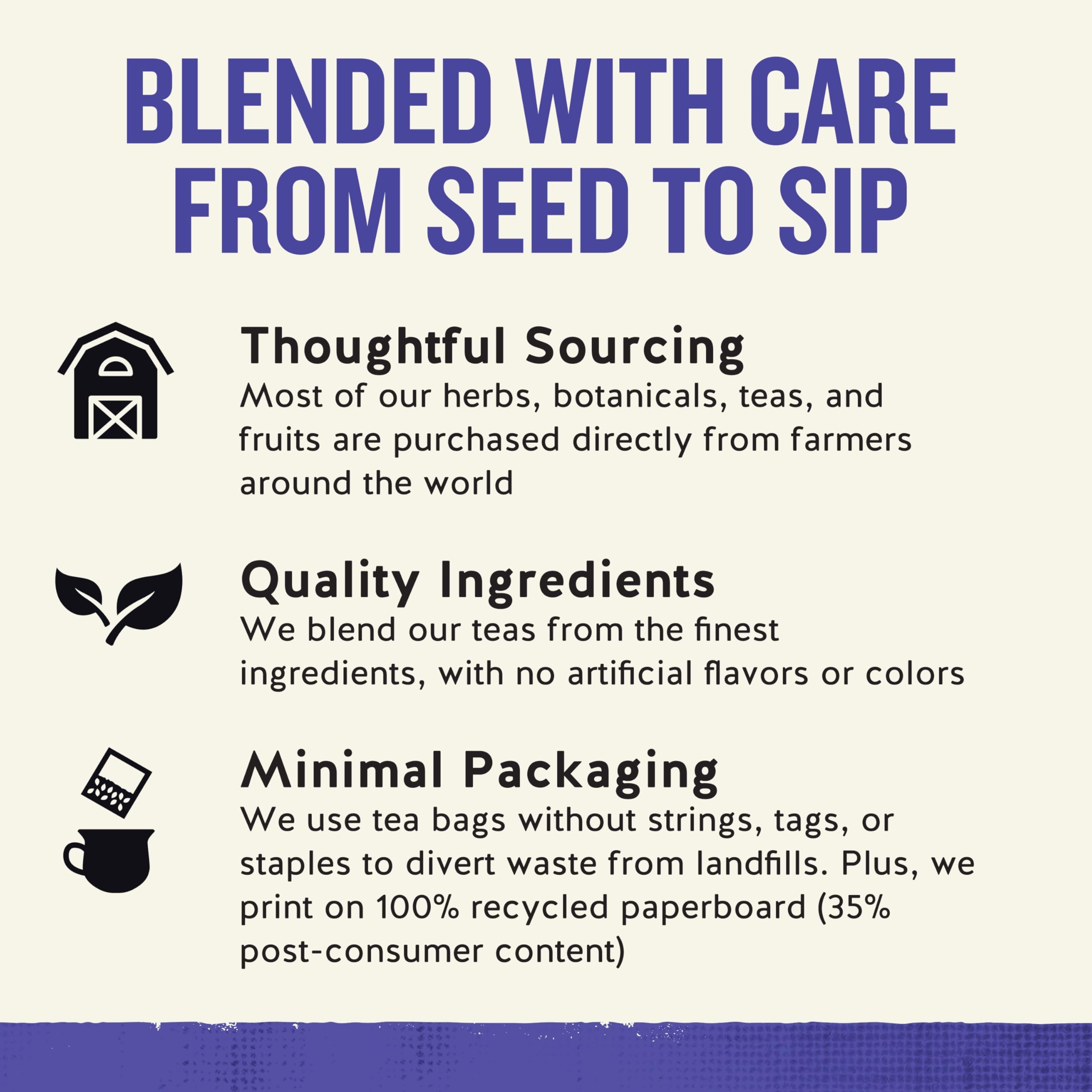 True Blueberry tea bags inside the box; minimal packaging, less waste.