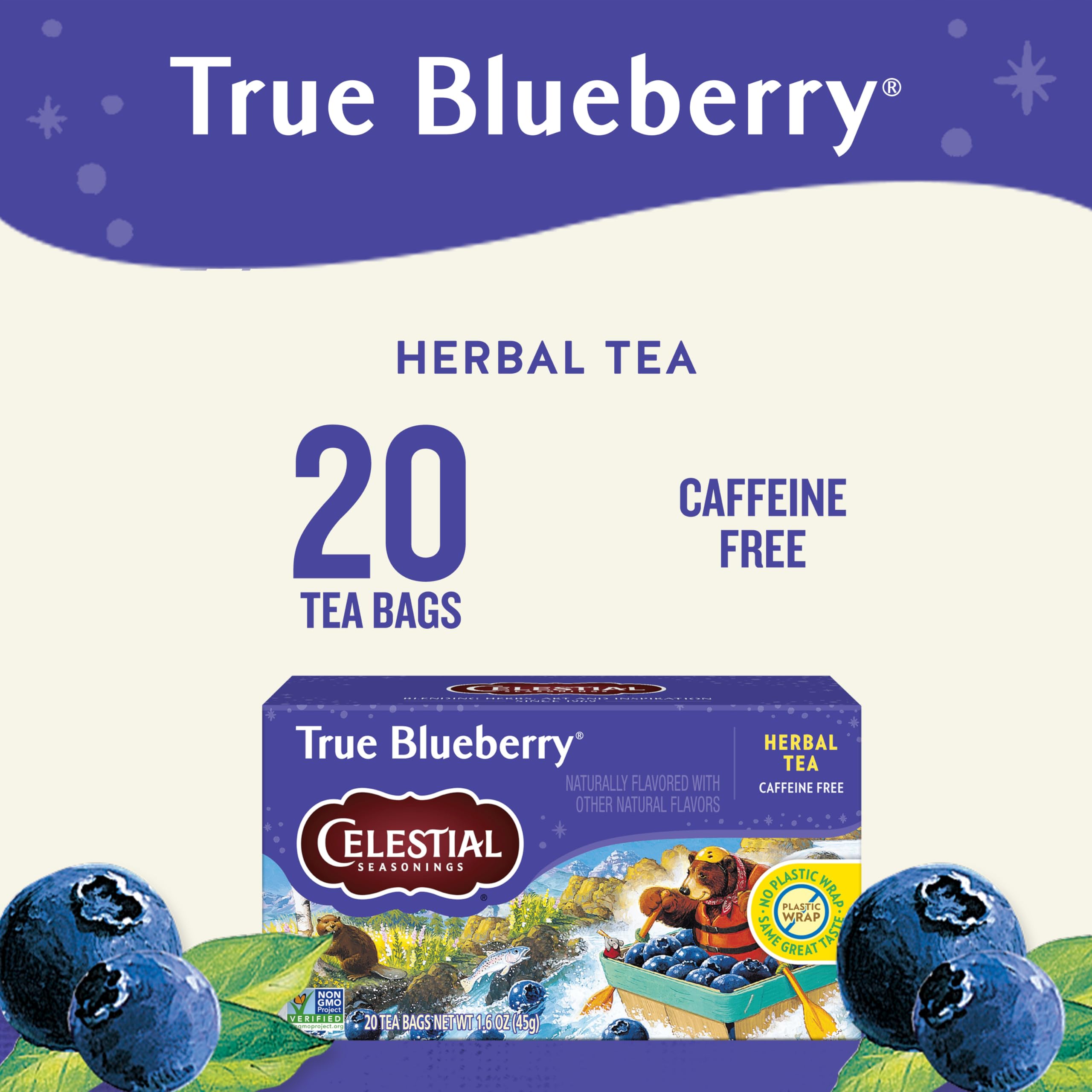 Celestial Seasonings True Blueberry box front, showcasing caffeine-free herbal blend.