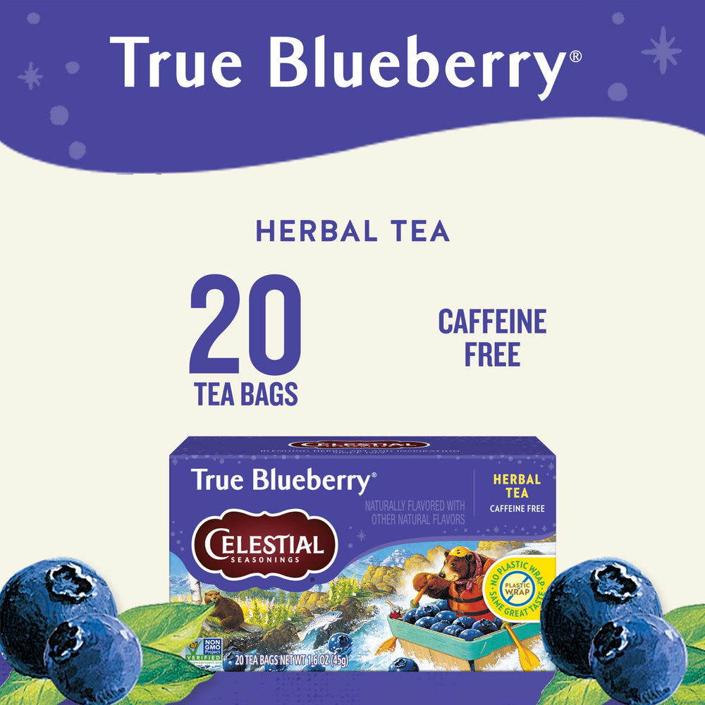 Celestial Seasonings True Blueberry box front, showcasing caffeine-free herbal blend.