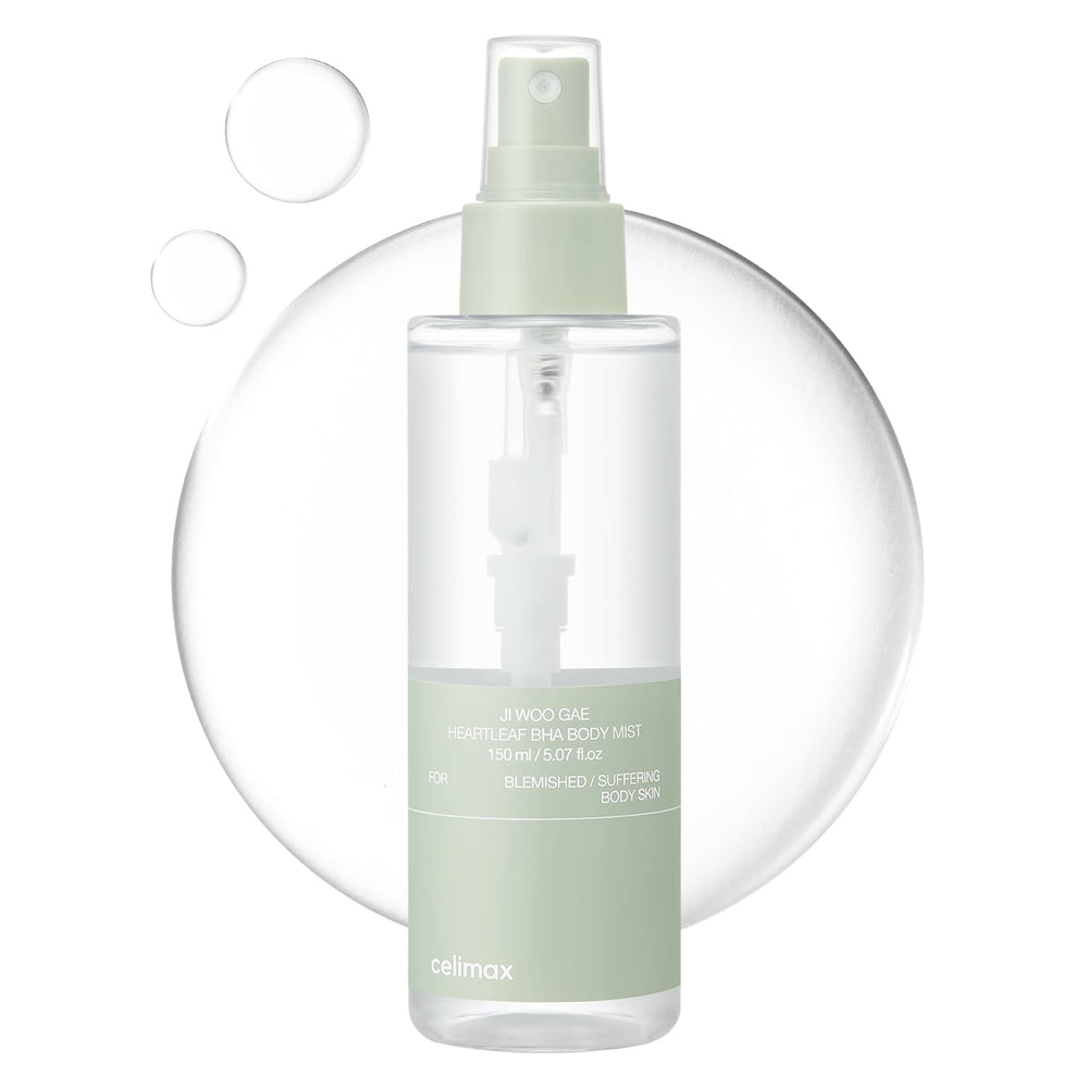 Celimax Heartleaf BHA Body Mist shown with a 360-degree pump for full-body use.