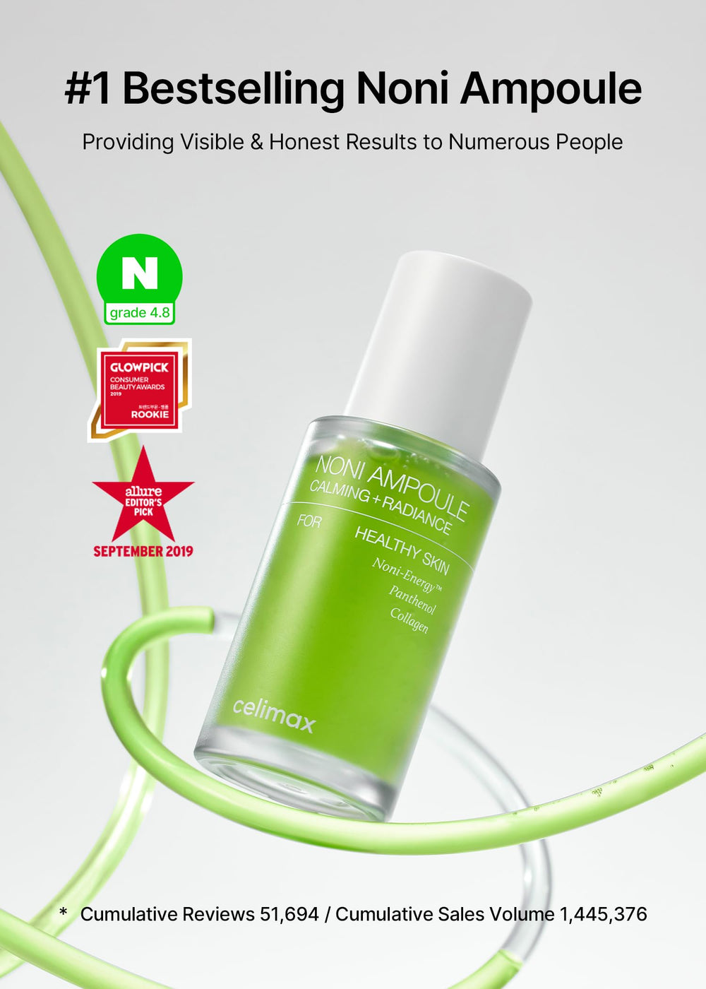 Celimax Noni Energy Ampoule packaging closeup shows nourishing noni formula.