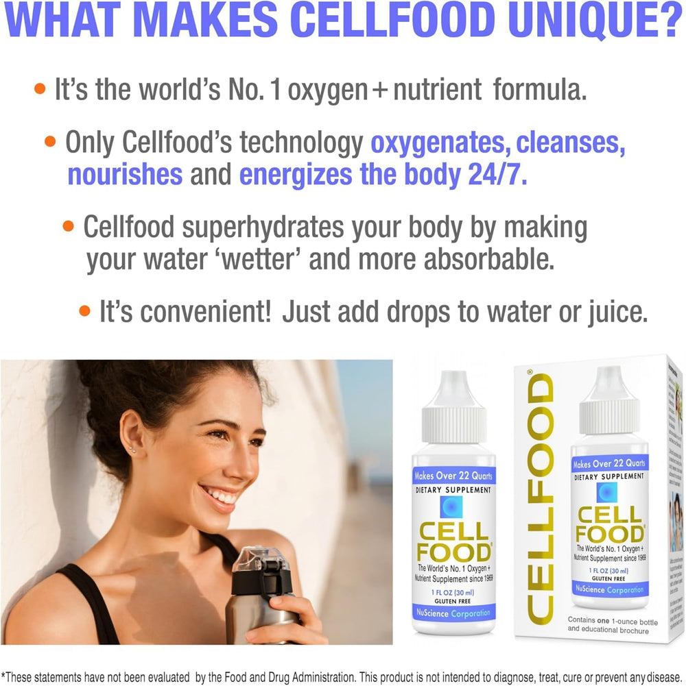 Cellfood drops into water illustrating simple mixing for convenient intake.
