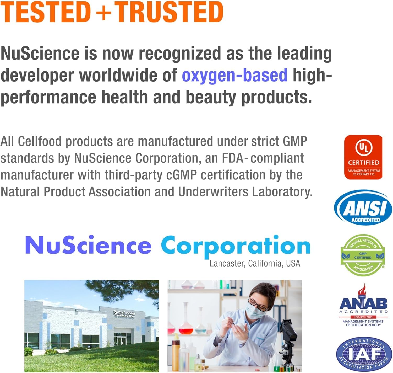 Cellfood quality-testing facility image underscoring safety standards.