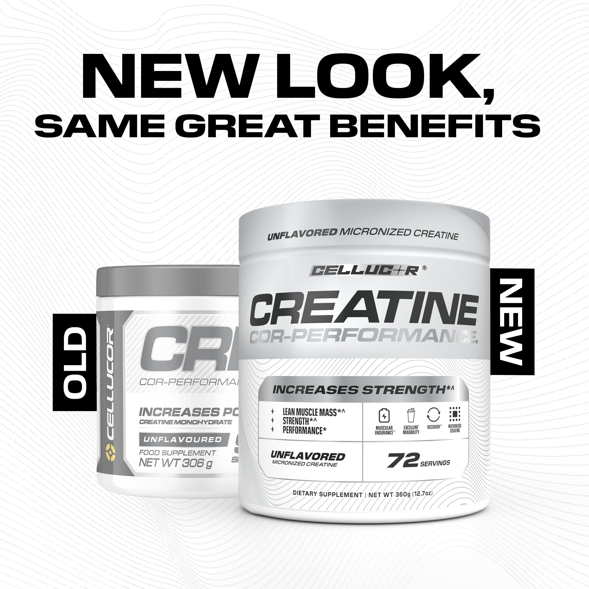 Cellucor Cor-Performance Creatine Monohydrate tub back shows purity and caffeine-free formula