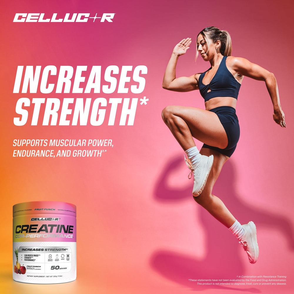 Cellucor Creatine Powder Fruit Punch label closeup highlights caffeine-free formula