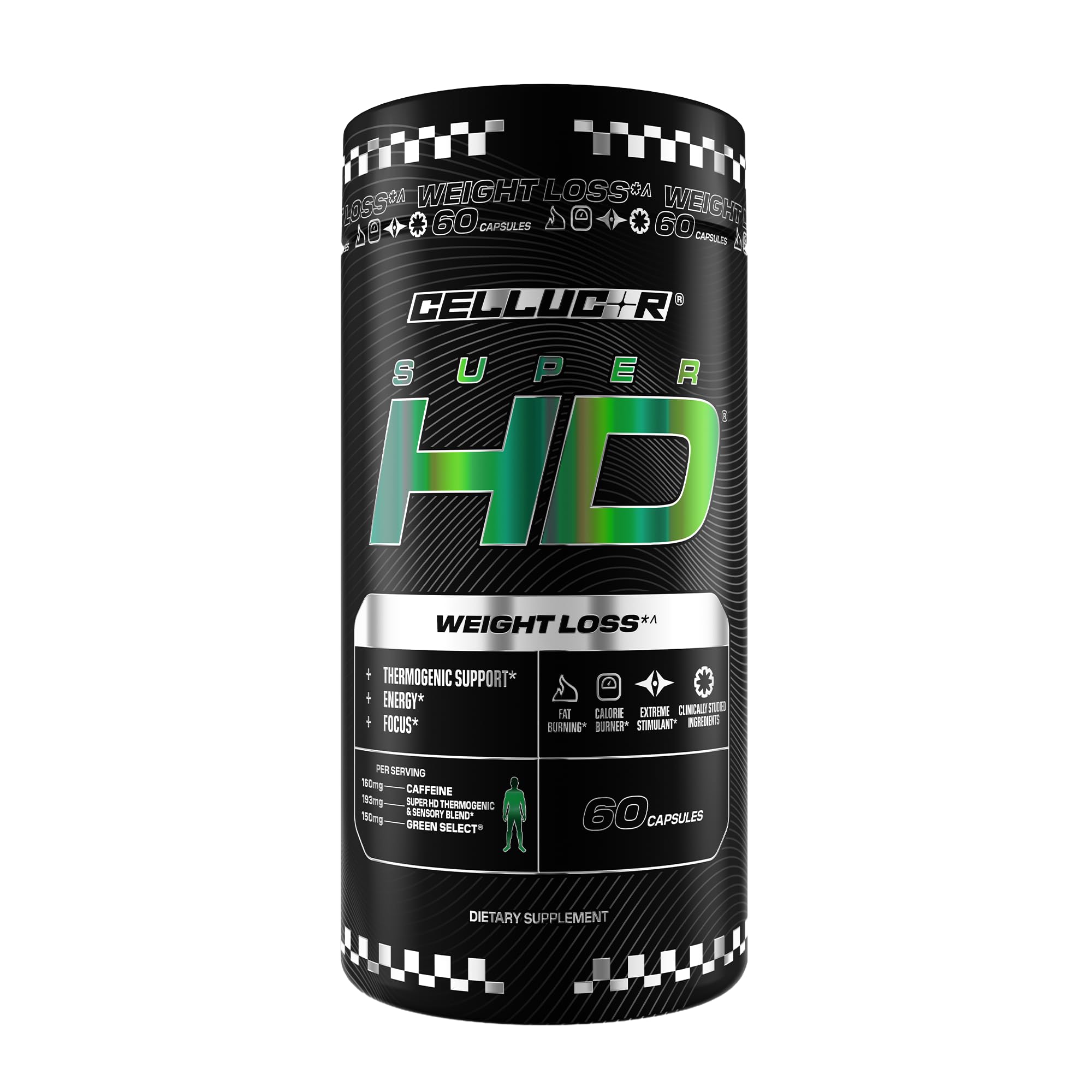Cellucor SuperHD bottle front highlighting energy and metabolism support for workouts.