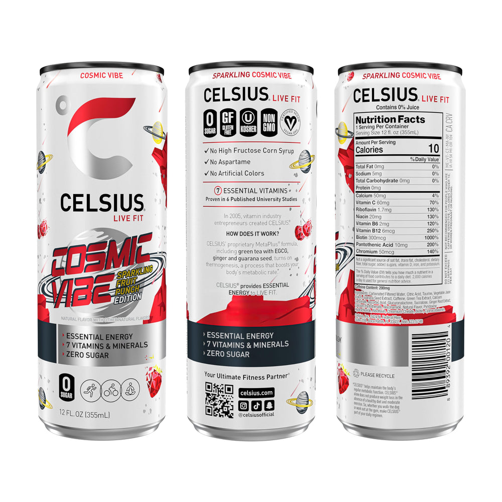 Celsius Cosmic Vibe can being poured reveals a refreshing energy lift.