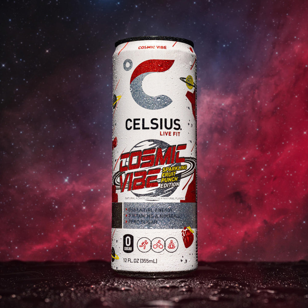 Celsius Cosmic Vibe fruit punch flavor swatches hint at tropical aroma.