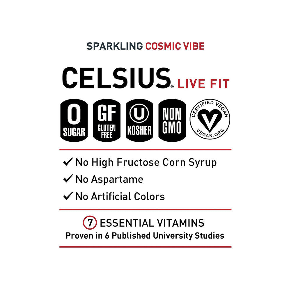 Celsius Cosmic Vibe label close-up highlights vegan, gluten-free, zero sugar.