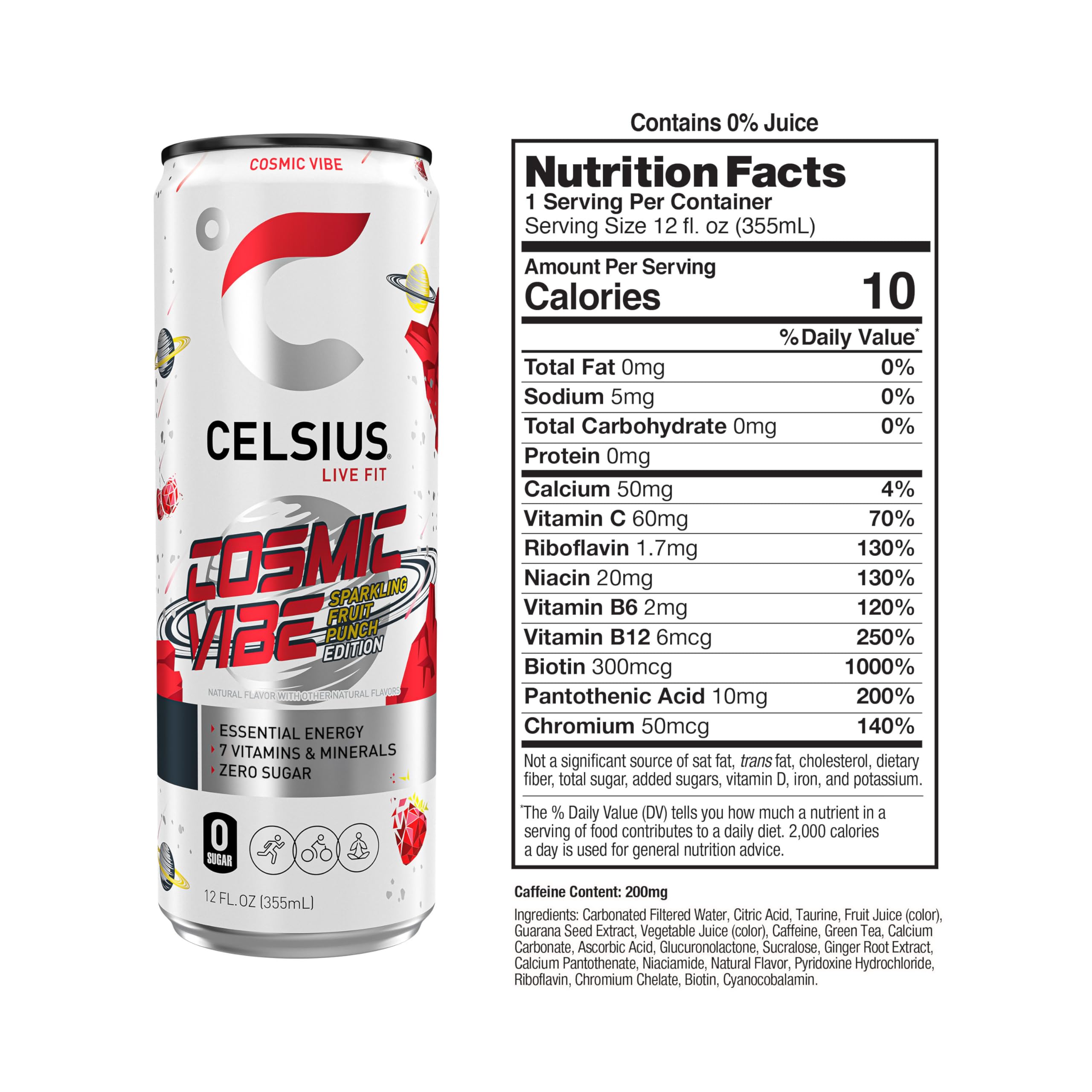Celsius Cosmic Vibe bottle close-up showing vibrant flavor and energy appeal.