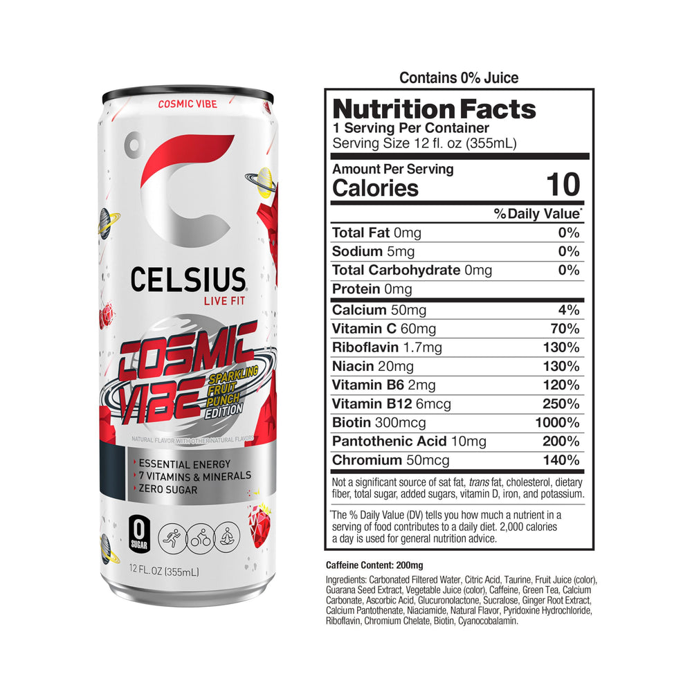 Celsius Cosmic Vibe bottle close-up showing vibrant flavor and energy appeal.