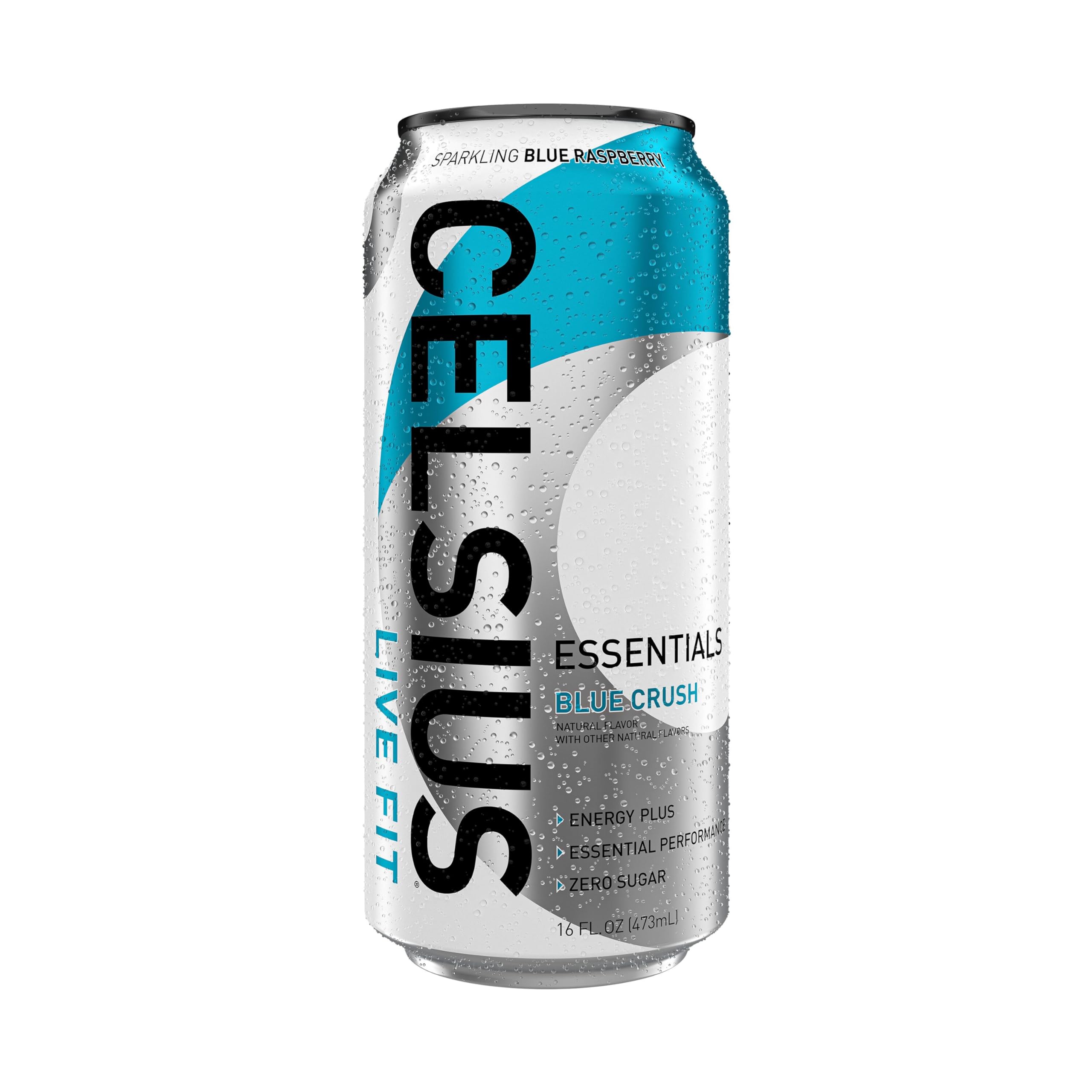 Celsius Essentials Blue Crush can with ice, refreshing energy on the go.