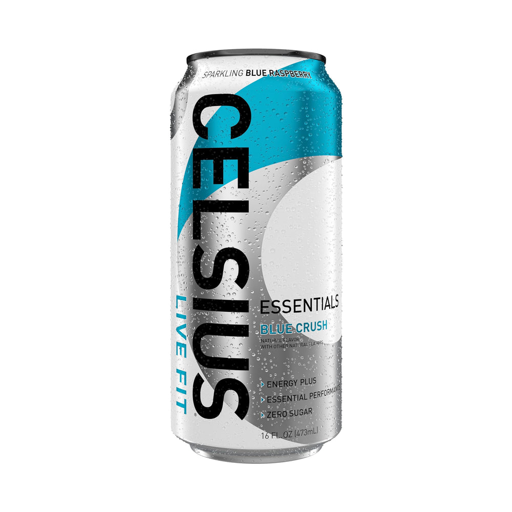 Celsius Essentials Blue Crush can with ice, refreshing energy on the go.
